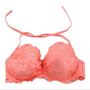 Victorias Secret Bikini Top 36C Getaway Halter Lined Pink Floral Lace